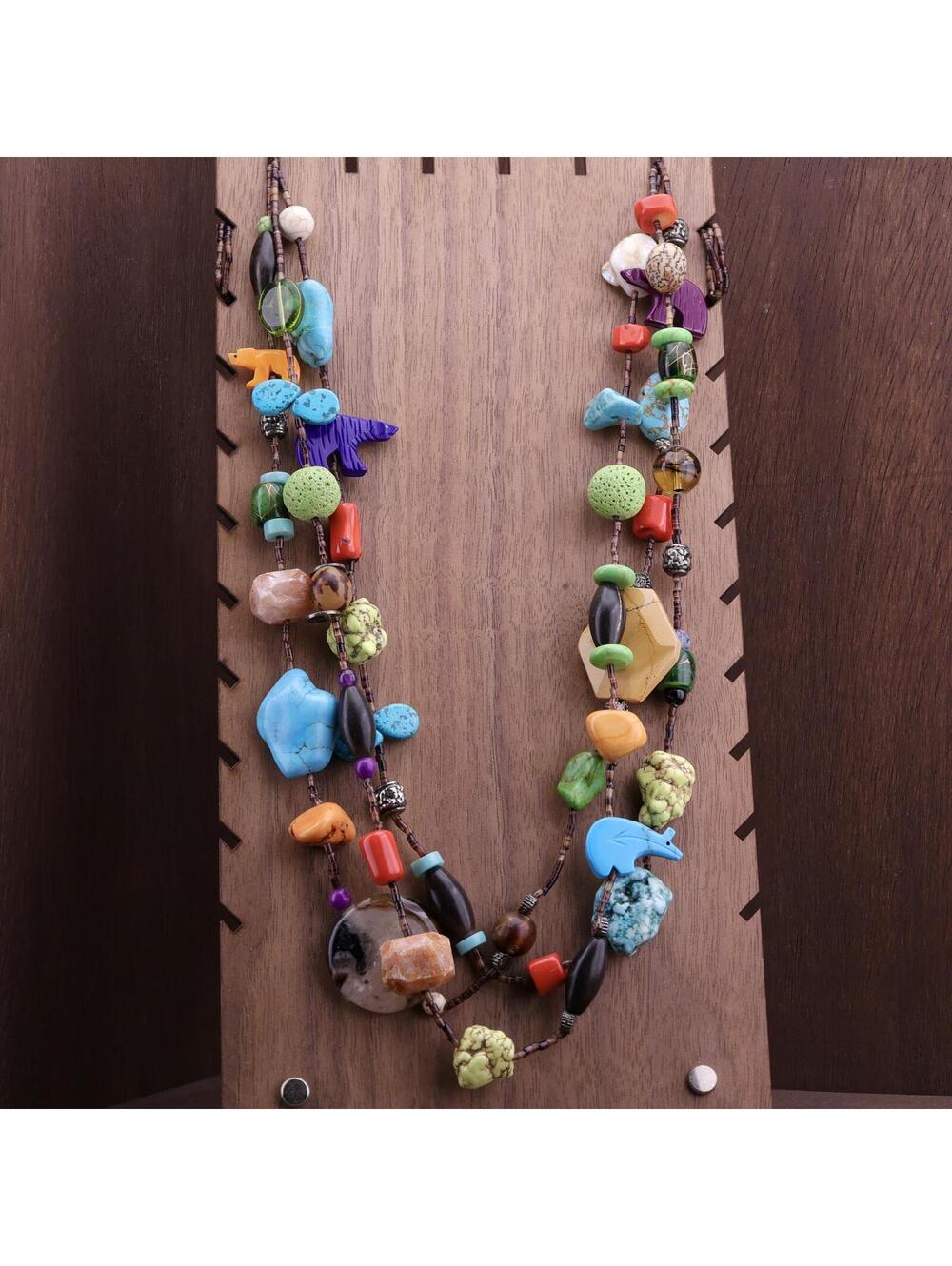 Vintage Santo Domingo Sterling 3 Strand Navajo Treasure Charm Fetish Necklace